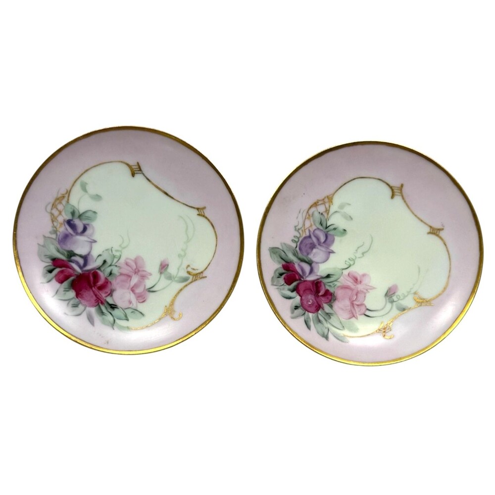Antique Thomas‎ Sevres Bavaria Hand Painted Edwardian Porcelain Plate Pink Set 2